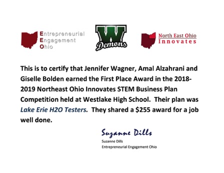 Jennifer Wagner, Amal Alzahrani and Giselle Bolden 
"Lake Erie H2O Testers"
Westlake High School